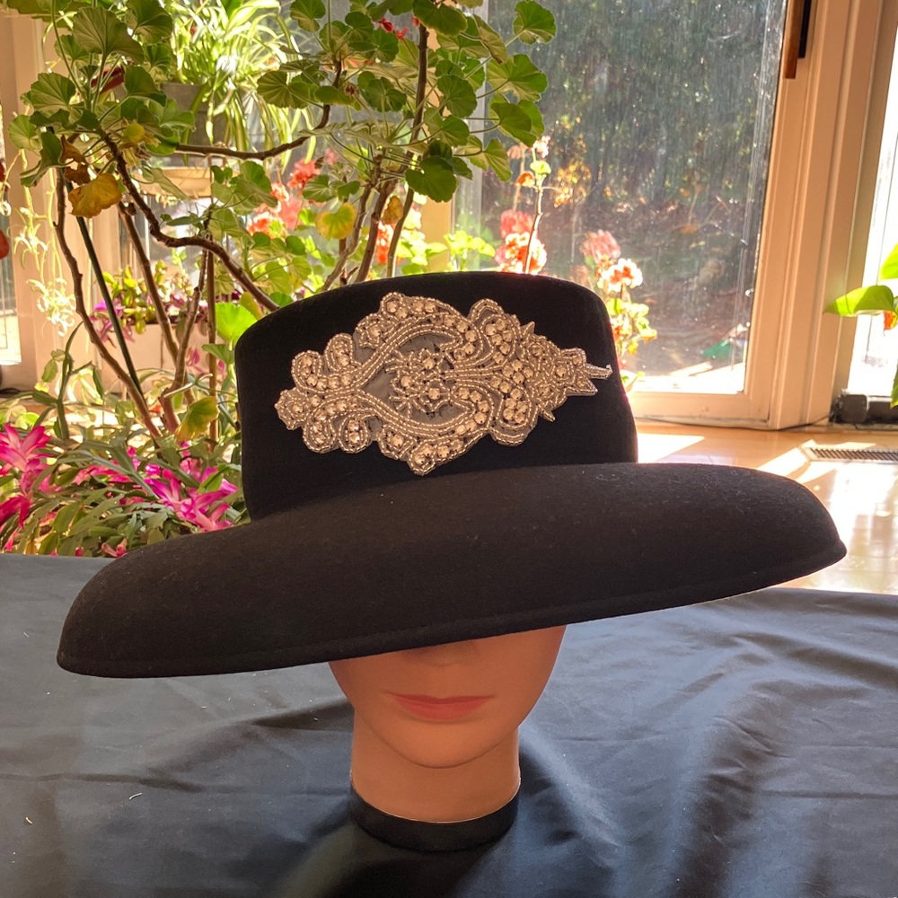 Elegant Black Hat with Silver Rhinestone Beaded Embellishment